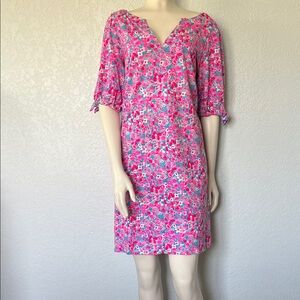 Floral Cotton Shift Dress Pink Blue Lilly Pulitzer Tie Sleeve Summer Size Large